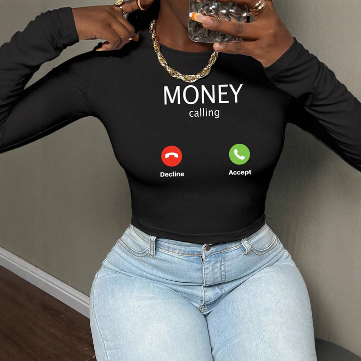 Women's cropped long sleeve with striking statement print and call icon design Mune Fashion