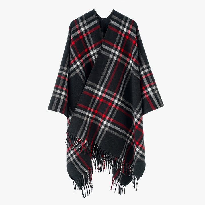 Women Checkered Oversized Throw Poncho with V-Neck and Fringed Hem Mune Fashion