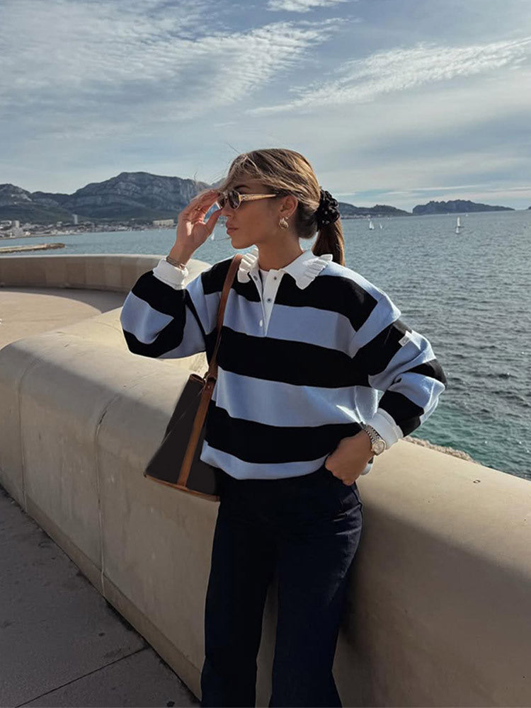 Women's Striped Oversized Rugby Sweater with Ruffle Collar and Polo Button Placket Mune Fashion
