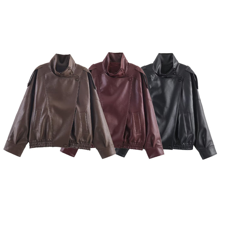Ladies oversized biker jacket faux leather look with high stand-up collar, asymmetrical snap button front, shoulder straps and elastic hem Mune Fashion