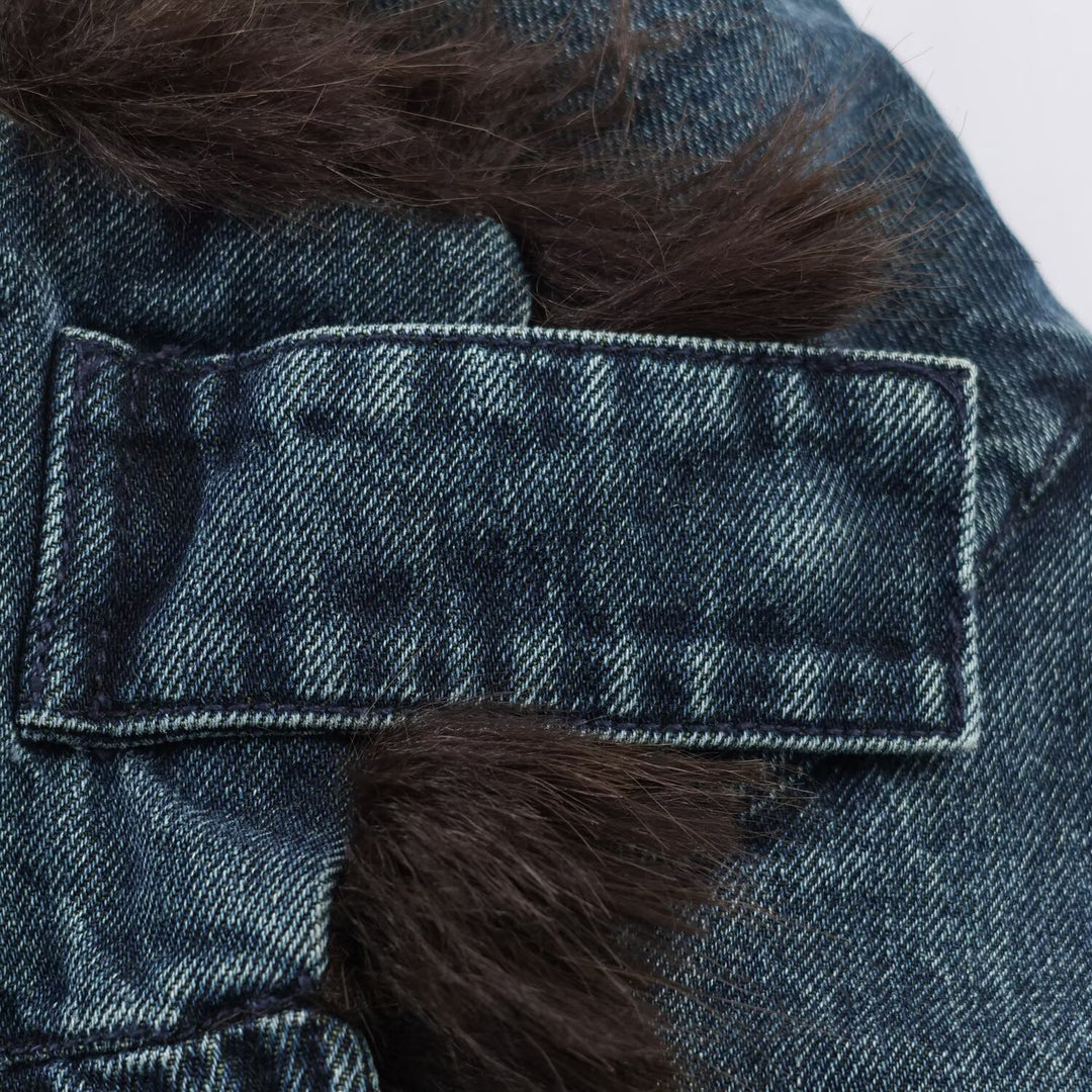 Women's Oversized Denim Jacket with Voluminous Faux Fur Collar and Elastic Hem Mune Fashion