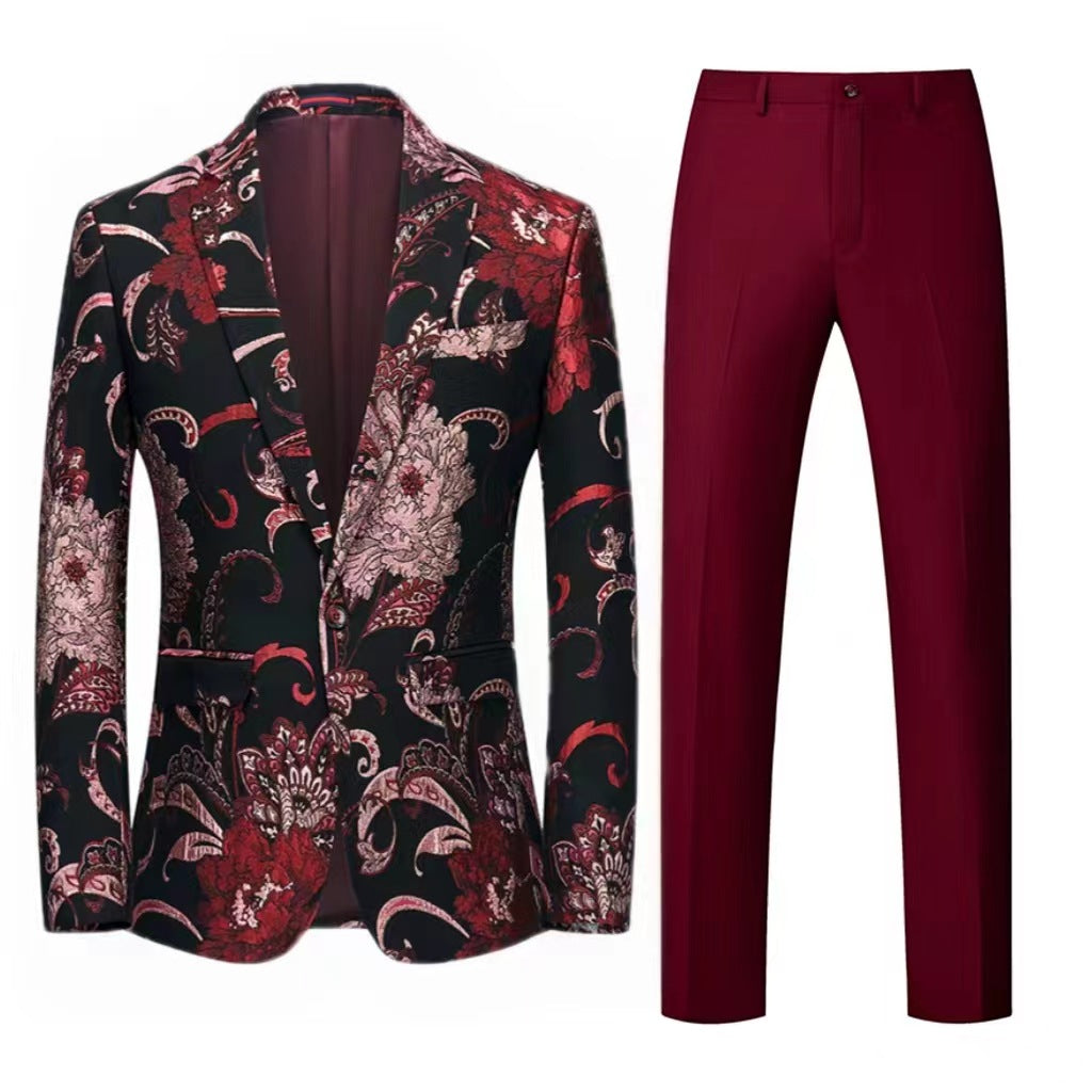 Women's Two-Piece Satin Jacquard Blazer with Floral Pattern and Tailored Fit as well as Slim Fit Suit Pants Mune Fashion