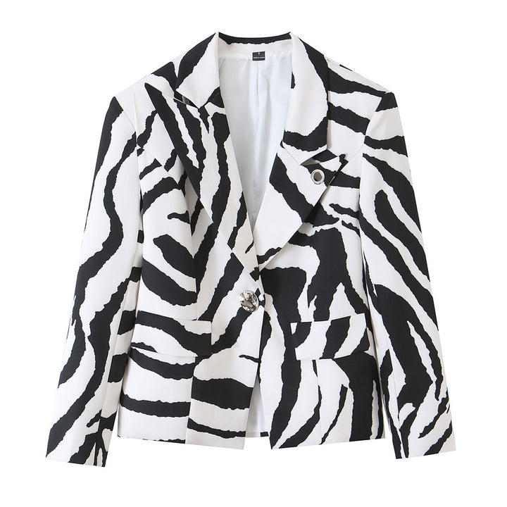 Women’s Statement Zebra Blazer with Lapel Collar and Tailored Silhouette Mune Fashion