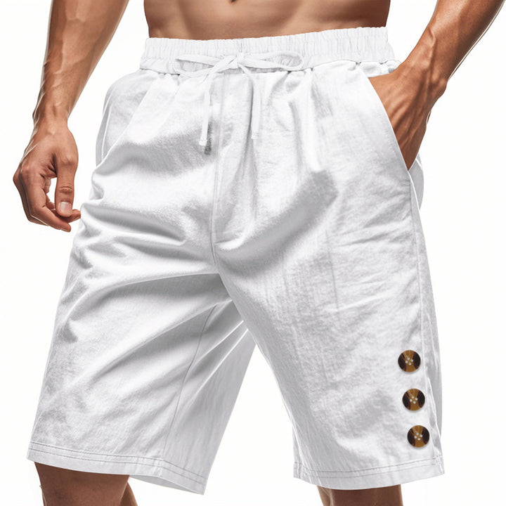 Men's knee-length casual Bermuda shorts with elastic tunnel drawstring waist, side slit pockets, and round decorative appliqués Mune Fashion