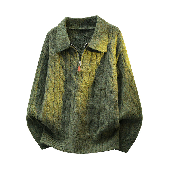 Unisex Oversize Cable Knit Sweater with Half Zip and Shirt Collar Mune Fashion