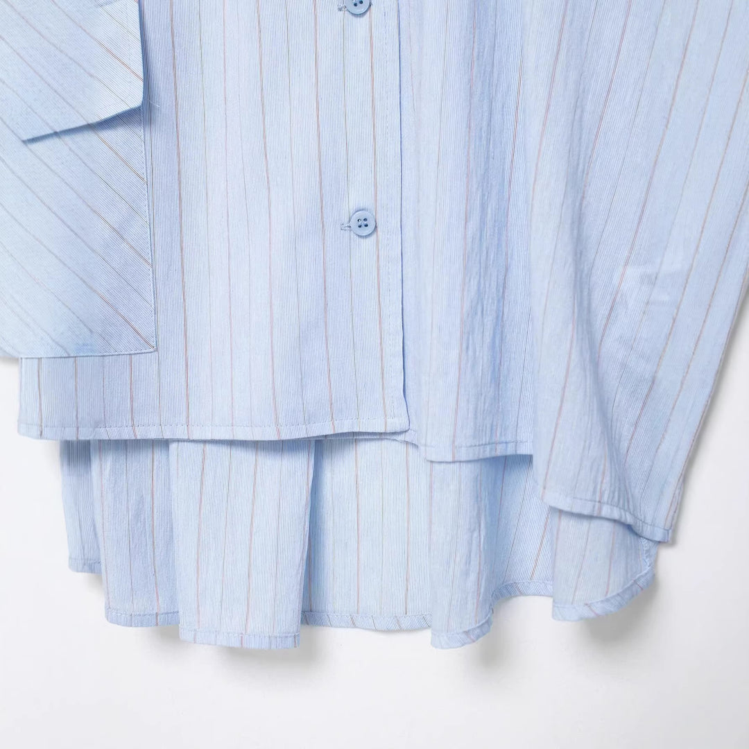 Women Oversize Shirt Blouse with Stand-Up Collar, Asymmetrical Button Placket and High Hem Mune Fashion