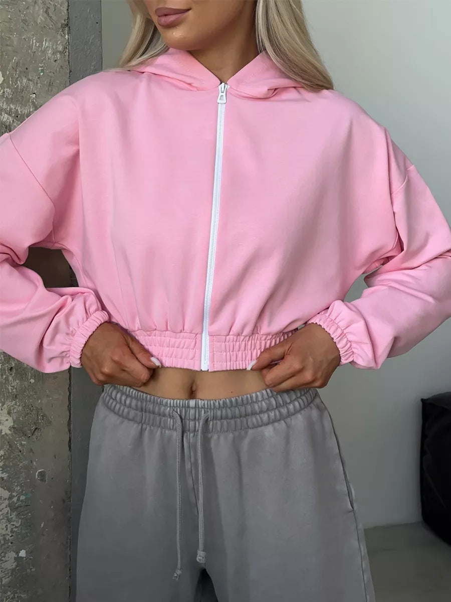 Women Short Zip-Up Hoodie with Elastic Hem and Casual Fit Mune Fashion