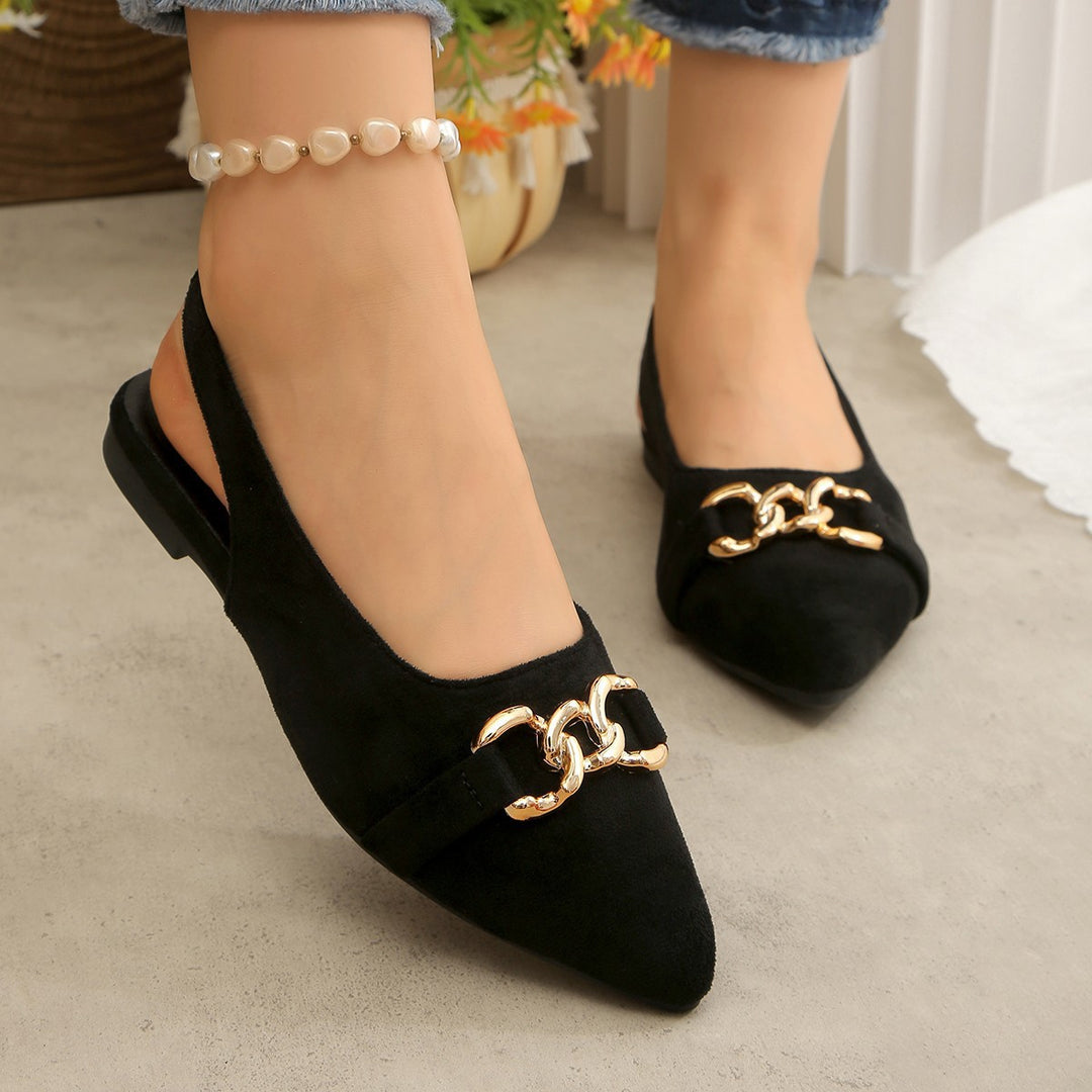 Women's ballerinas with ankle strap, pointed cap and golden chain decoration Mune Fashion