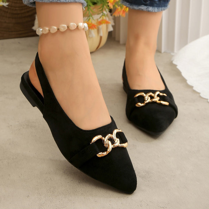 Women's ballerinas with ankle strap, pointed cap and golden chain decoration Mune Fashion