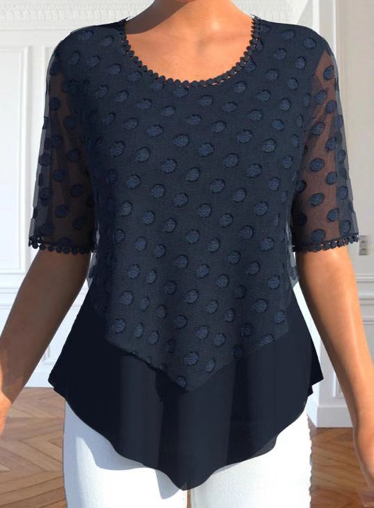 Ladies tulle blouse with embroidered dots, semi-transparent sleeves and asymmetrical tiered hem Mune Fashion