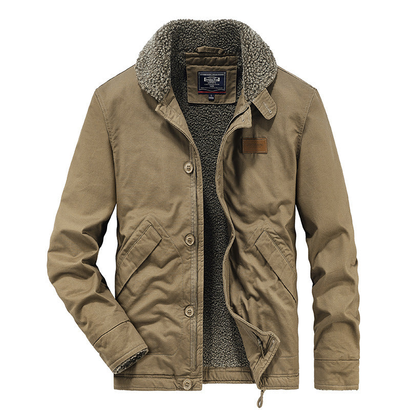 Men's canvas work jacket with sherpa lining, stand-up collar, and diagonal pockets Mune Fashion