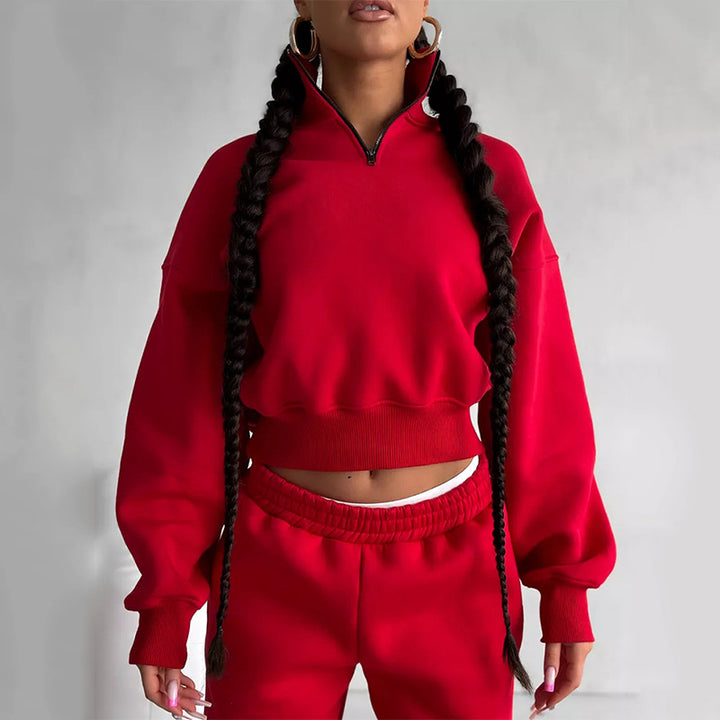 Women Two-Piece Cropped Half-Zip Sweatset with Stand Collar and Elastic High-Waist Jogging Pants Mune Fashion