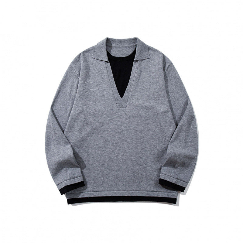 Unisex Oversize Knit Sweater with Open V-Neck and Shirt Collar Mune Fashion