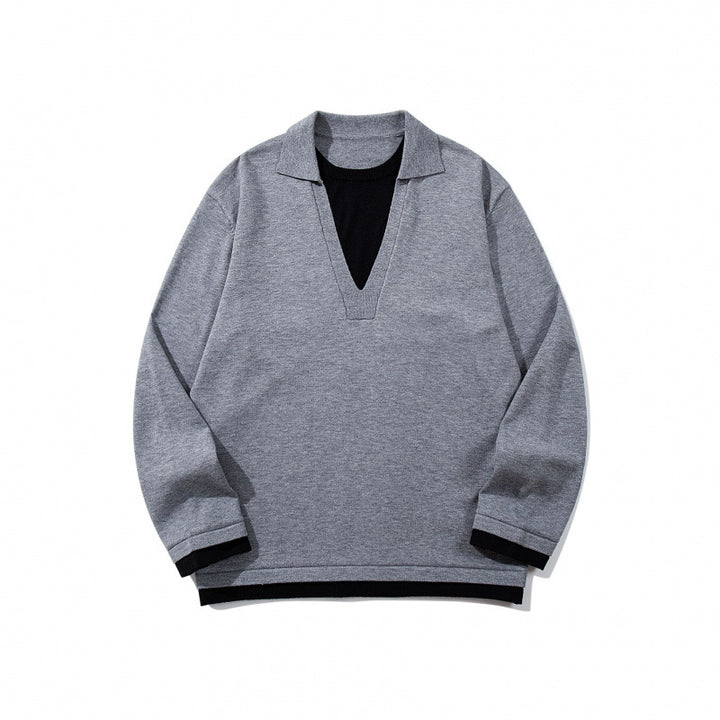 Unisex Oversize Knit Sweater with Open V-Neck and Shirt Collar Mune Fashion