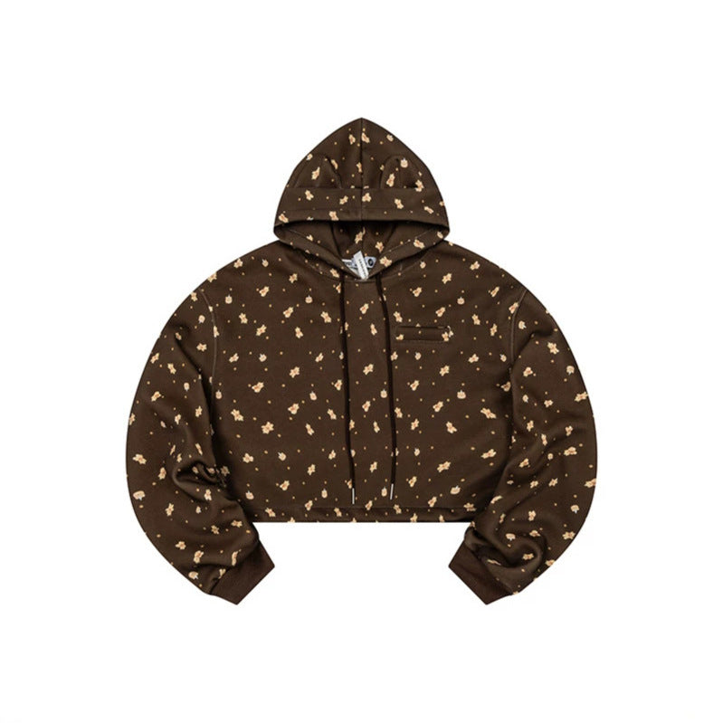 Women's Cropped Hoodie Sweatshirt with Allover Floral Print, Chest Pocket and Ruffled Hem Mune Fashion