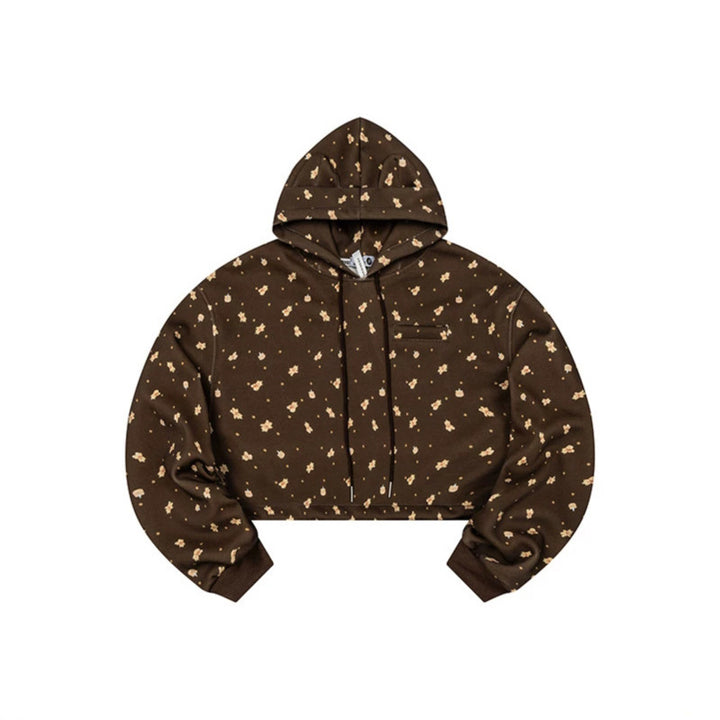 Women's Cropped Hoodie Sweatshirt with Allover Floral Print, Chest Pocket and Ruffled Hem Mune Fashion