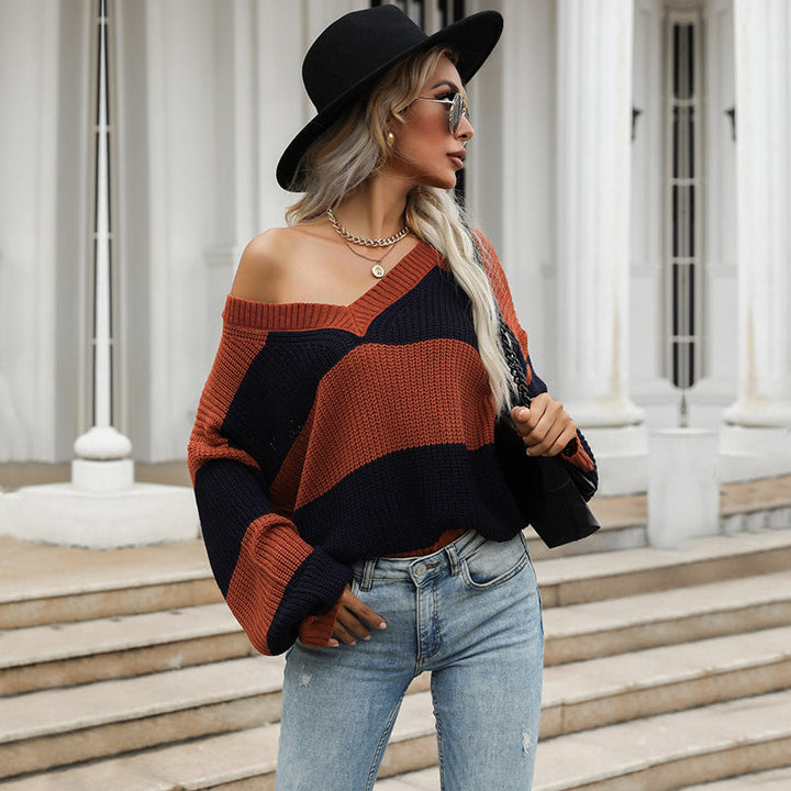 Women's Striped Oversize V-Neck Sweater in Chunky Knit Mune Fashion