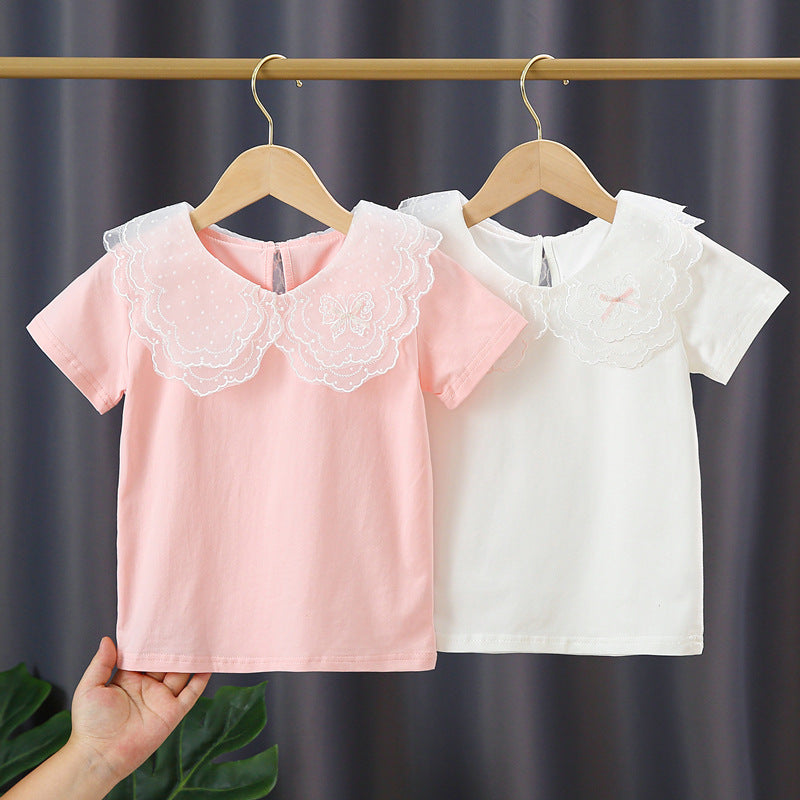 Girl T-shirt with elegant lace insert and large collar Mune Fashion