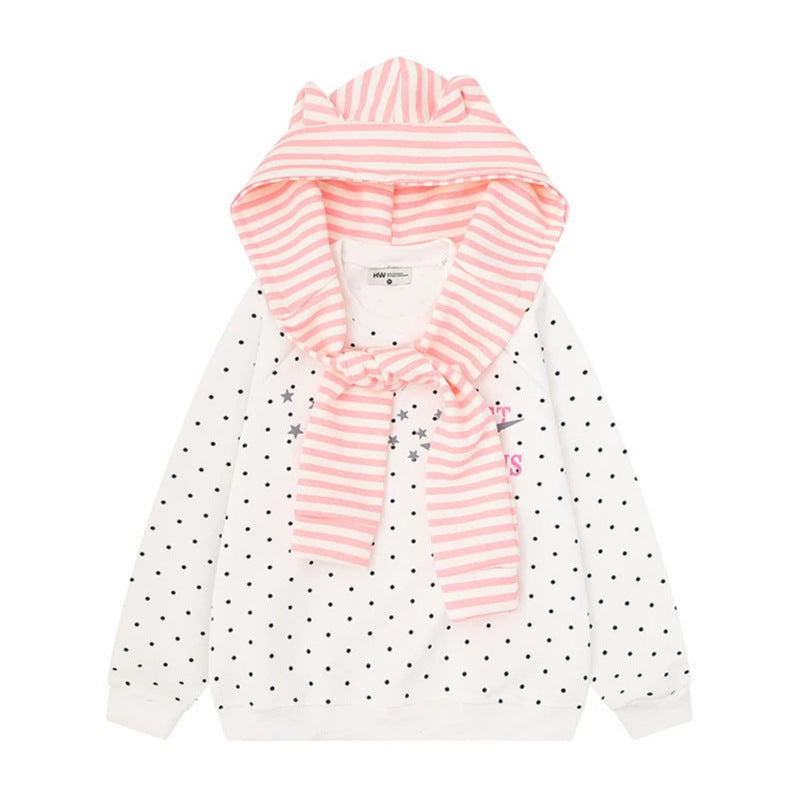 Women's Polka Dot Sweatshirt with Attached Striped Hood-Scarf and Star Appliqué Mune Fashion