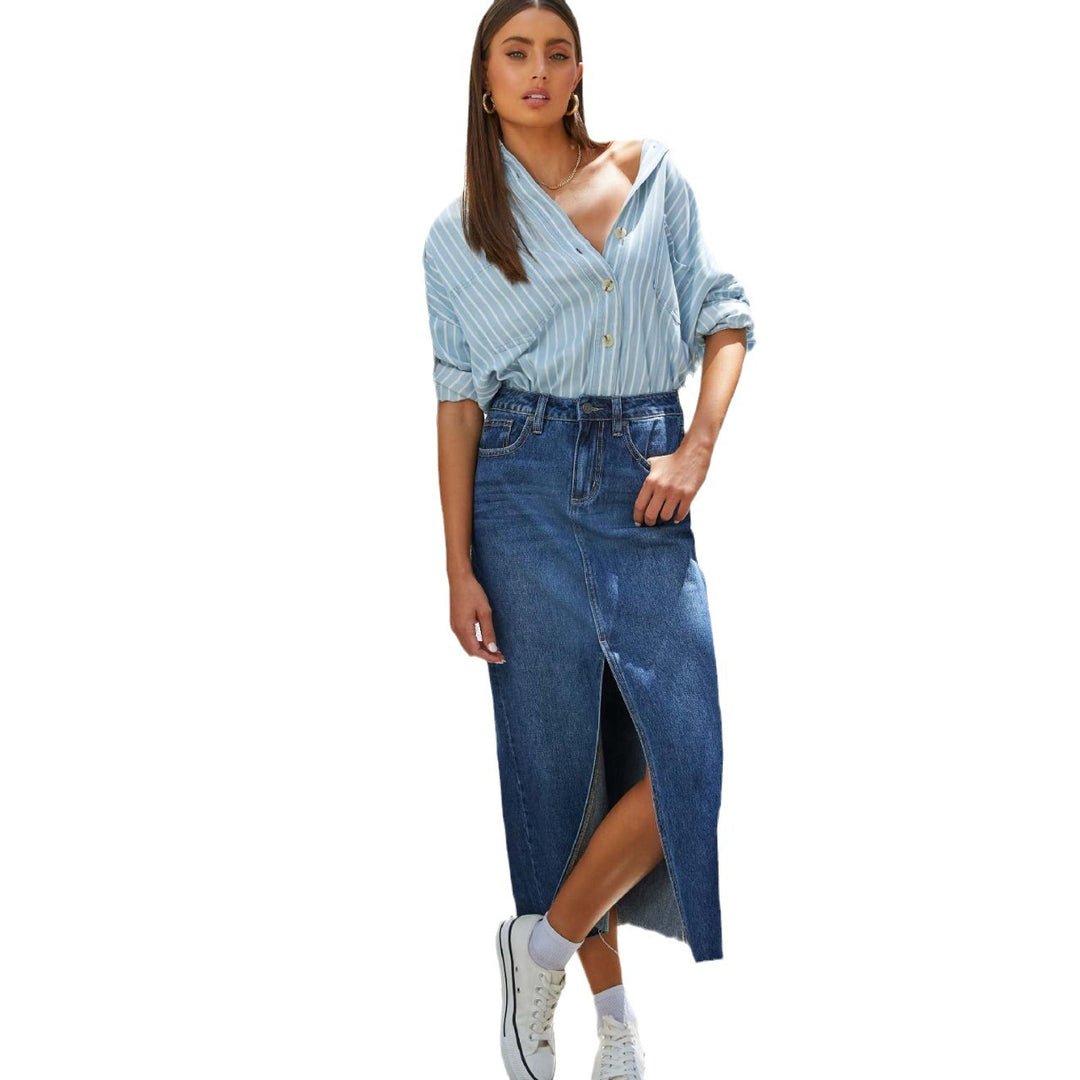 Women's high-waisted midi denim skirt with center front slit and raw hem Mune Fashion