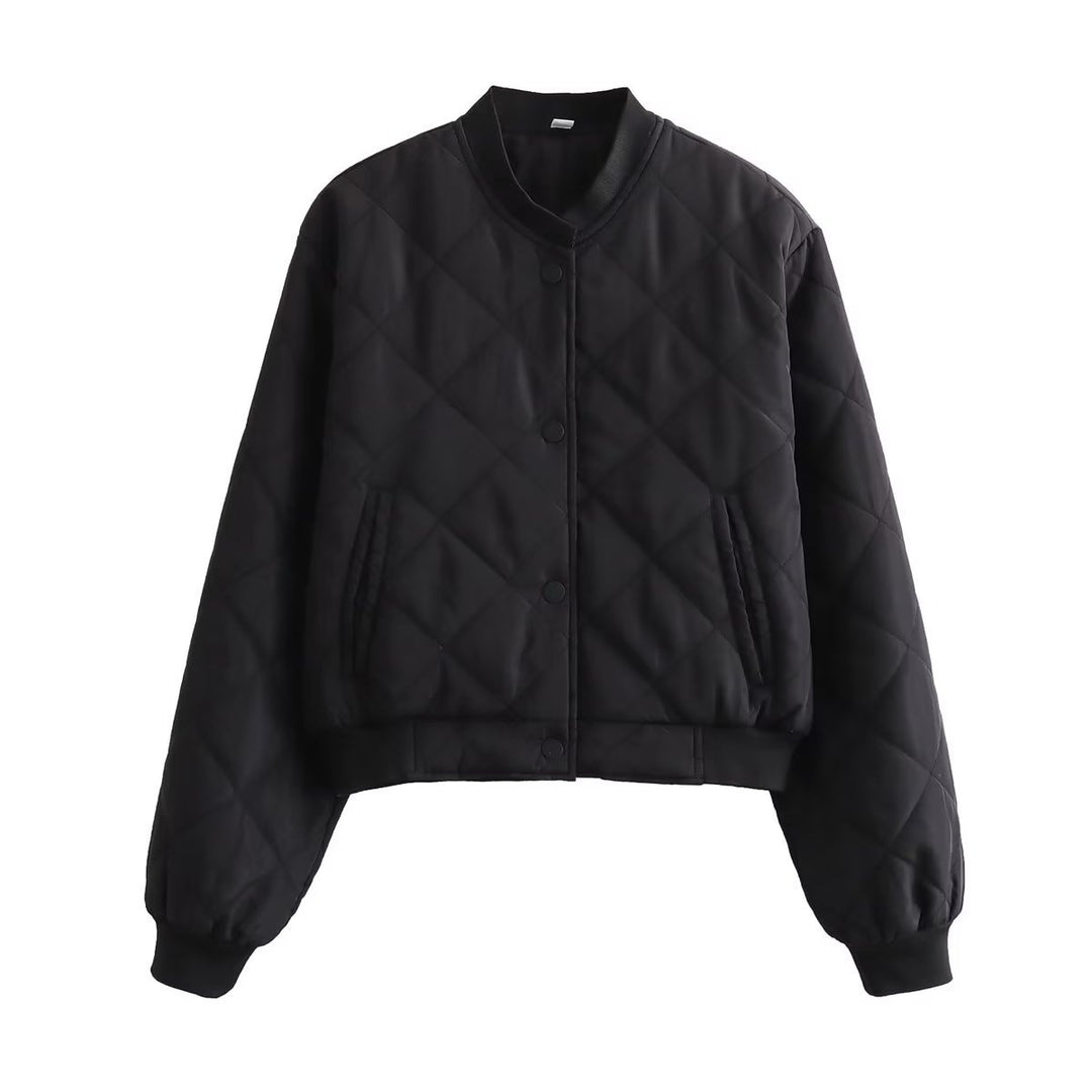 Women's quilted bomber jacket with diamond quilting, ribbed cuffs, and concealed snap button placket Mune Fashion