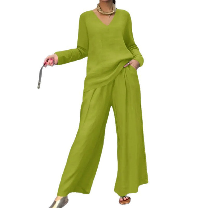 Women's Fine V-Neck Knit Sweater with Flowing Palazzo Pants Mune Fashion