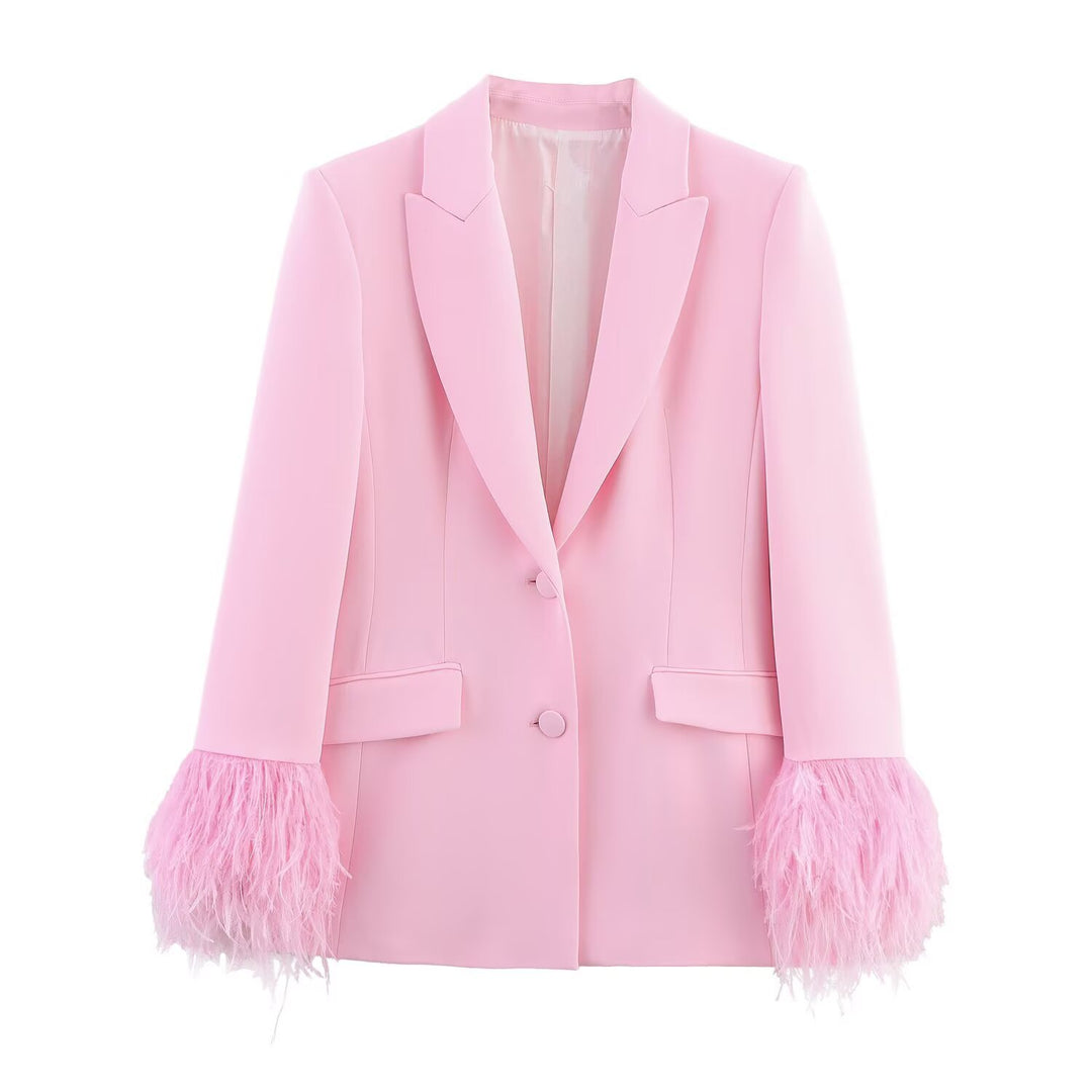 Women Two-Piece Pants Suit with Feather Trim on Sleeve Edges Mune Fashion