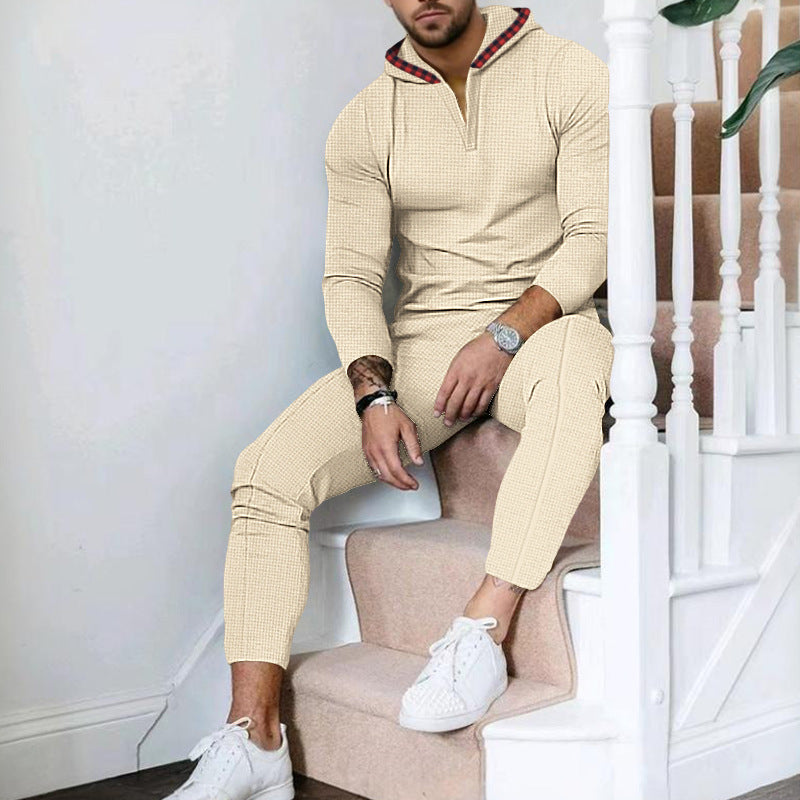 Men's Nano Slim-Fit Waffle Knit Hoodie Set with Half Zip, Contrast Lined Hood and Tapered Jogging Pants Mune Fashion