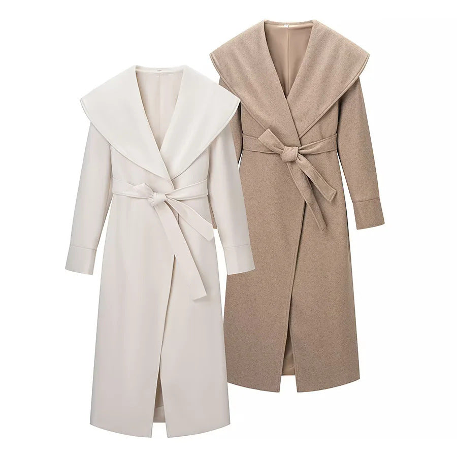 Women's longer wrap absolute coat with voluminous shawl collar and waist belt Mune Fashion