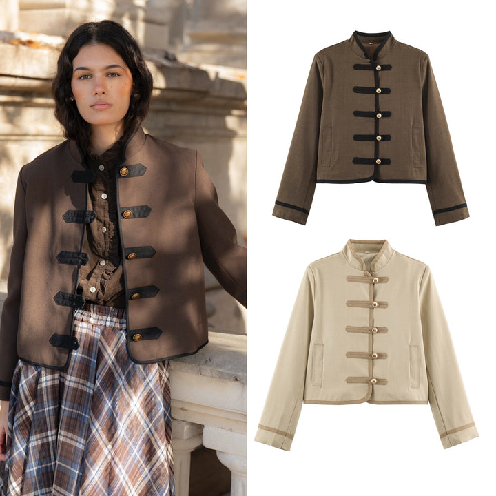 Women's Cropped Stand Collar Jacket with Decorative Toggle Fastenings and Boxy Cut Mune Fashion