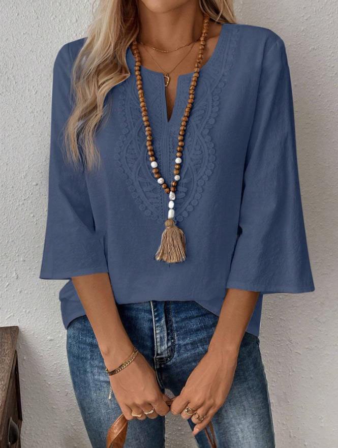 Women's Embroidered Linen Tunic with V-Neck and Three-Quarter Sleeves Mune Fashion