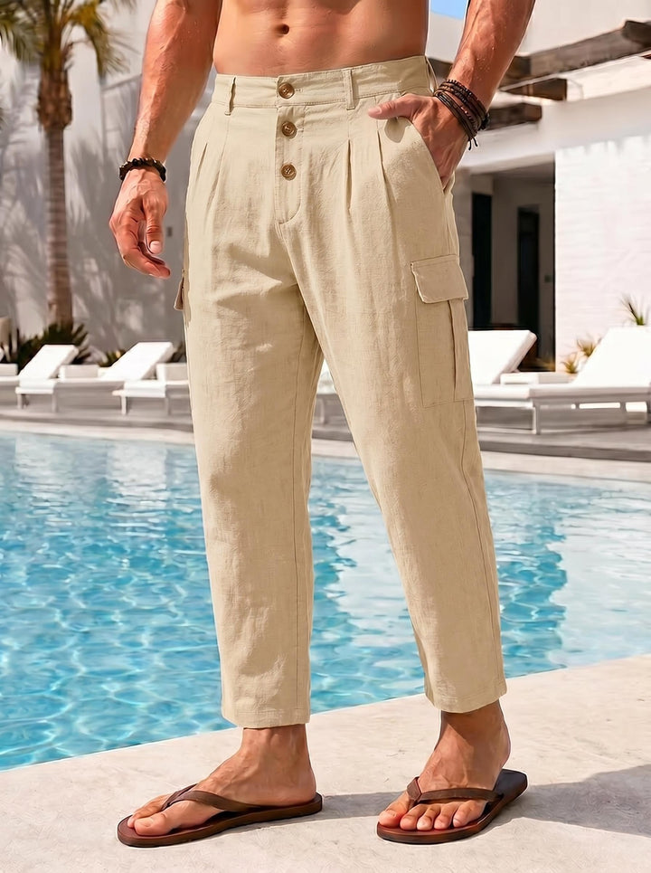 Men's casual linen cargo chino with button placket, pleats, and cropped ankle length Mune Fashion