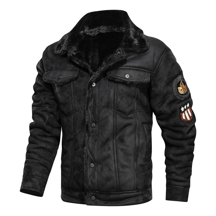 Men's lambskin imitation trucker jacket with faux fur lining and badge Mune Fashion