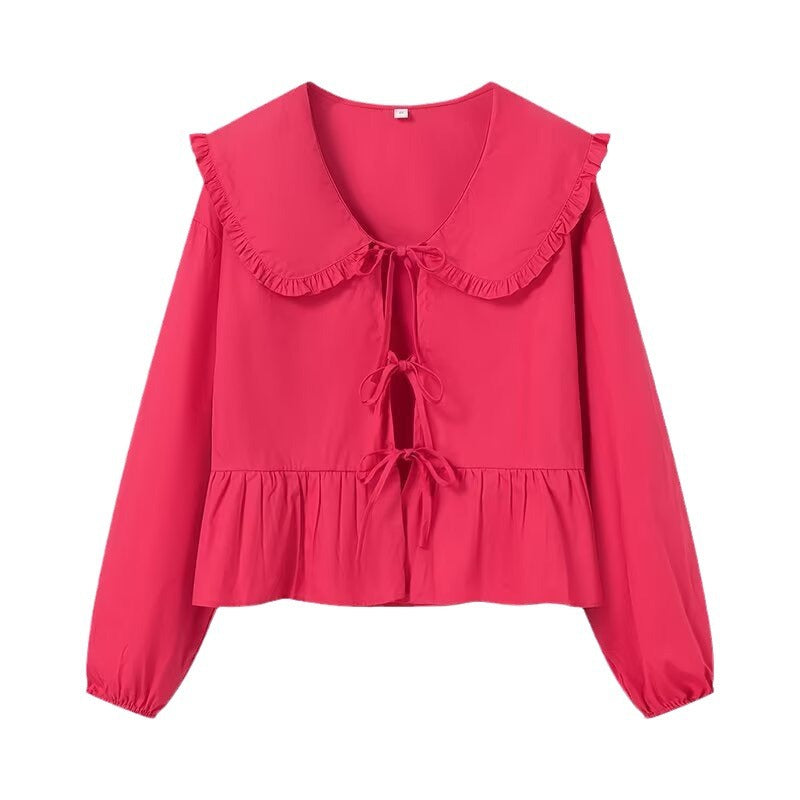 Women's Ruffled Cropped Blouse with Oversized Collar, Ties and Fitted Peplum Mune Fashion