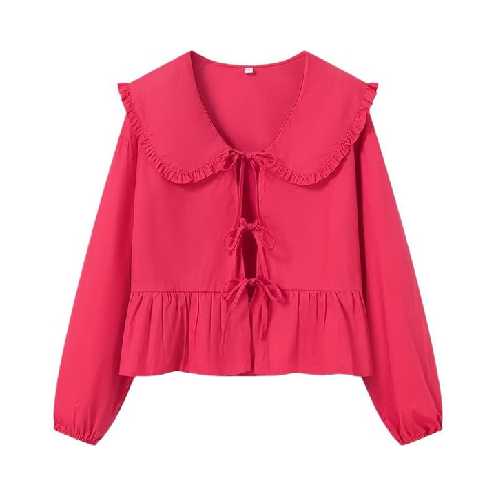 Women's Ruffled Cropped Blouse with Oversized Collar, Ties and Fitted Peplum Mune Fashion