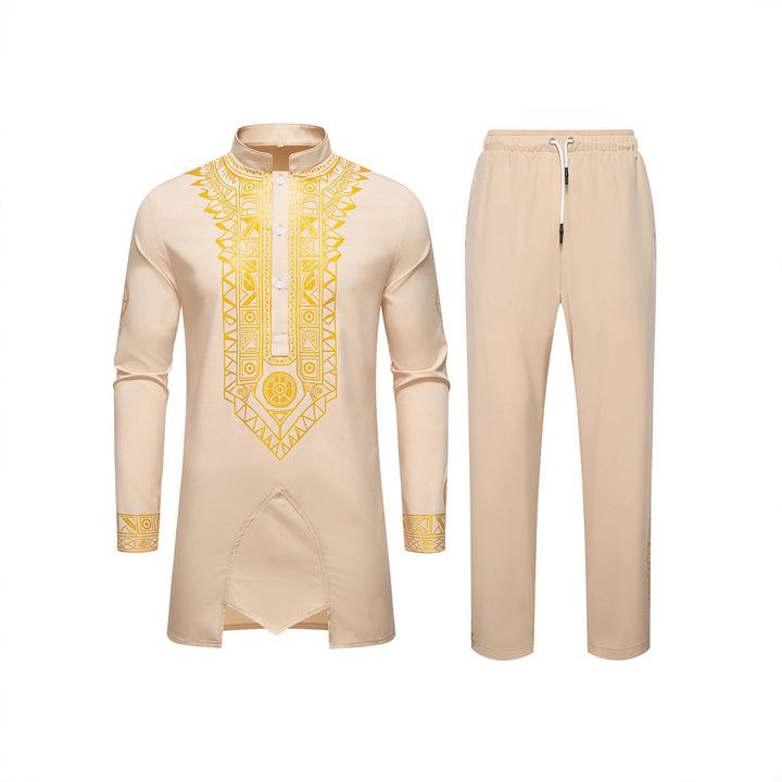 Men's Traditional Long Sleeve Kurta Set with Stand Collar, Gold Ornament Print and Drawstring Pants Mune Fashion