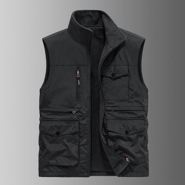 Men's padded utility vest with fleece lining, multi pockets and front zipper