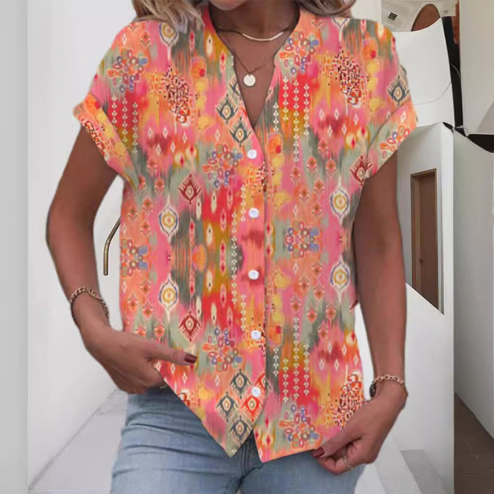 Women's casual short-sleeve blouse with V-neck, button placket and folk all-over print Mune Fashion