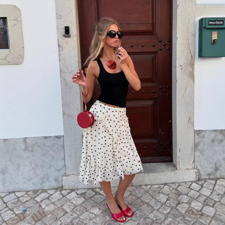 Women Playful Midi Skirt with Wrap Look Ruffles and Polka Dot Print Mune Fashion