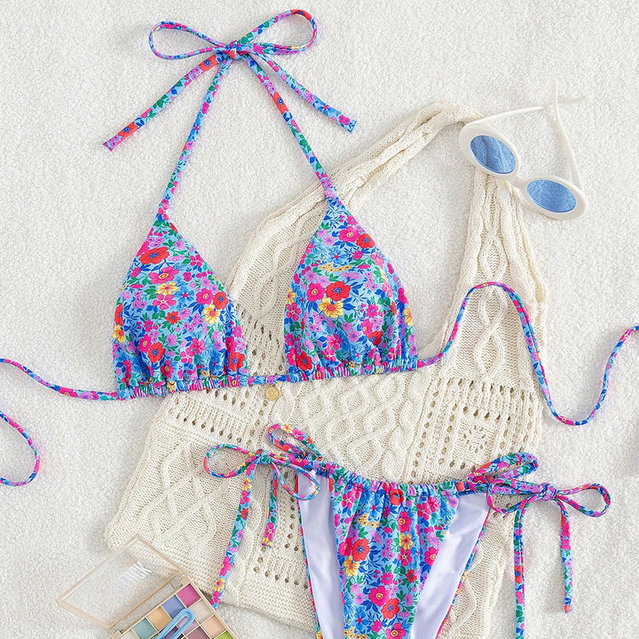 Women Triangle Bikini with Floral Embellishments and Refined Tying Details Mune Fashion
