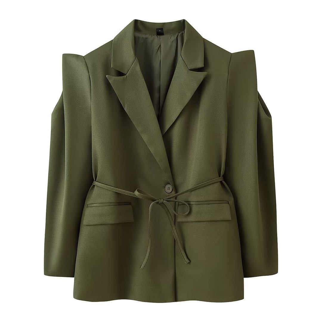 Women's blazer with shoulder cutouts, belted waist and single button closure Mune Fashion