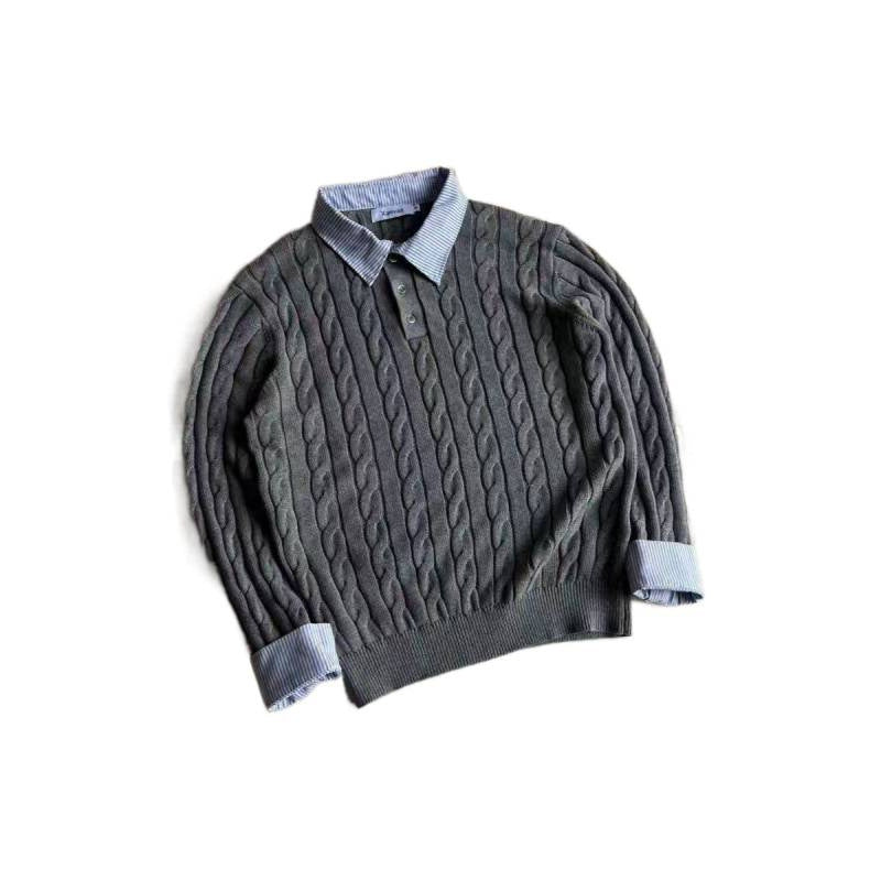Women's knitted polo sweater with cable pattern and inserted shirt collar Mune Fashion