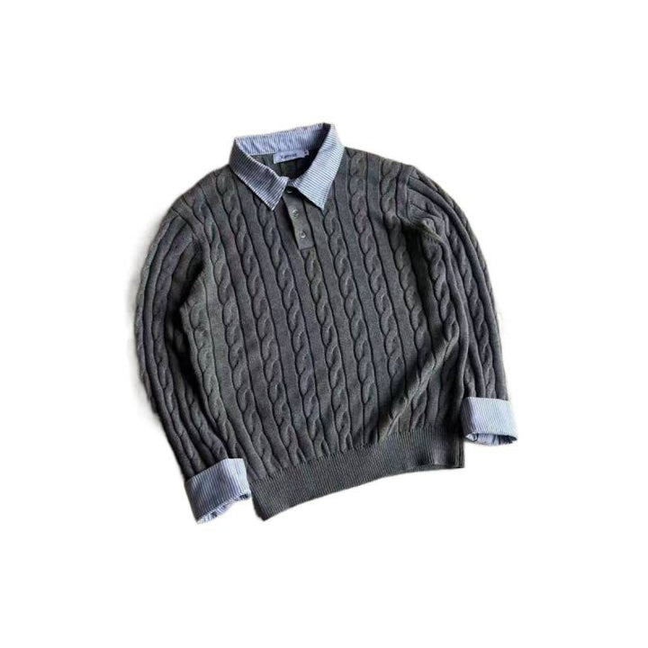 Women's knitted polo sweater with cable pattern and inserted shirt collar Mune Fashion