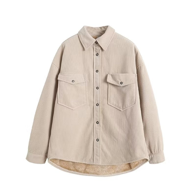 Women's oversized cord shirt jacket with padded teddy lining, patch pockets, and snap-button placket Mune Fashion