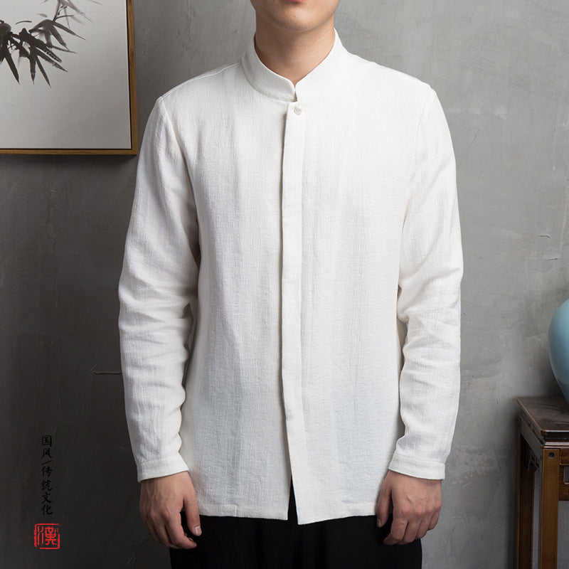 Men's light linen shirt with stand-up collar and hidden button placket Mune Fashion