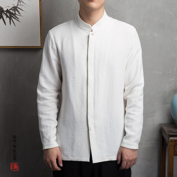 Men's light linen shirt with stand-up collar and hidden button placket Mune Fashion