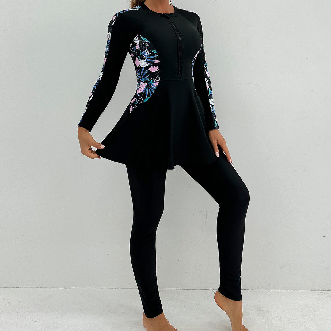 Women's Sporty Long Sleeve Swimming Suit with Flattering Skirt Mune Fashion
