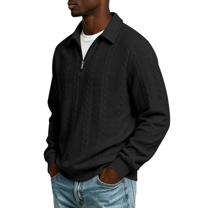 Men's cotton blend polo sweater with short front zip and cable knit pattern Mune Fashion