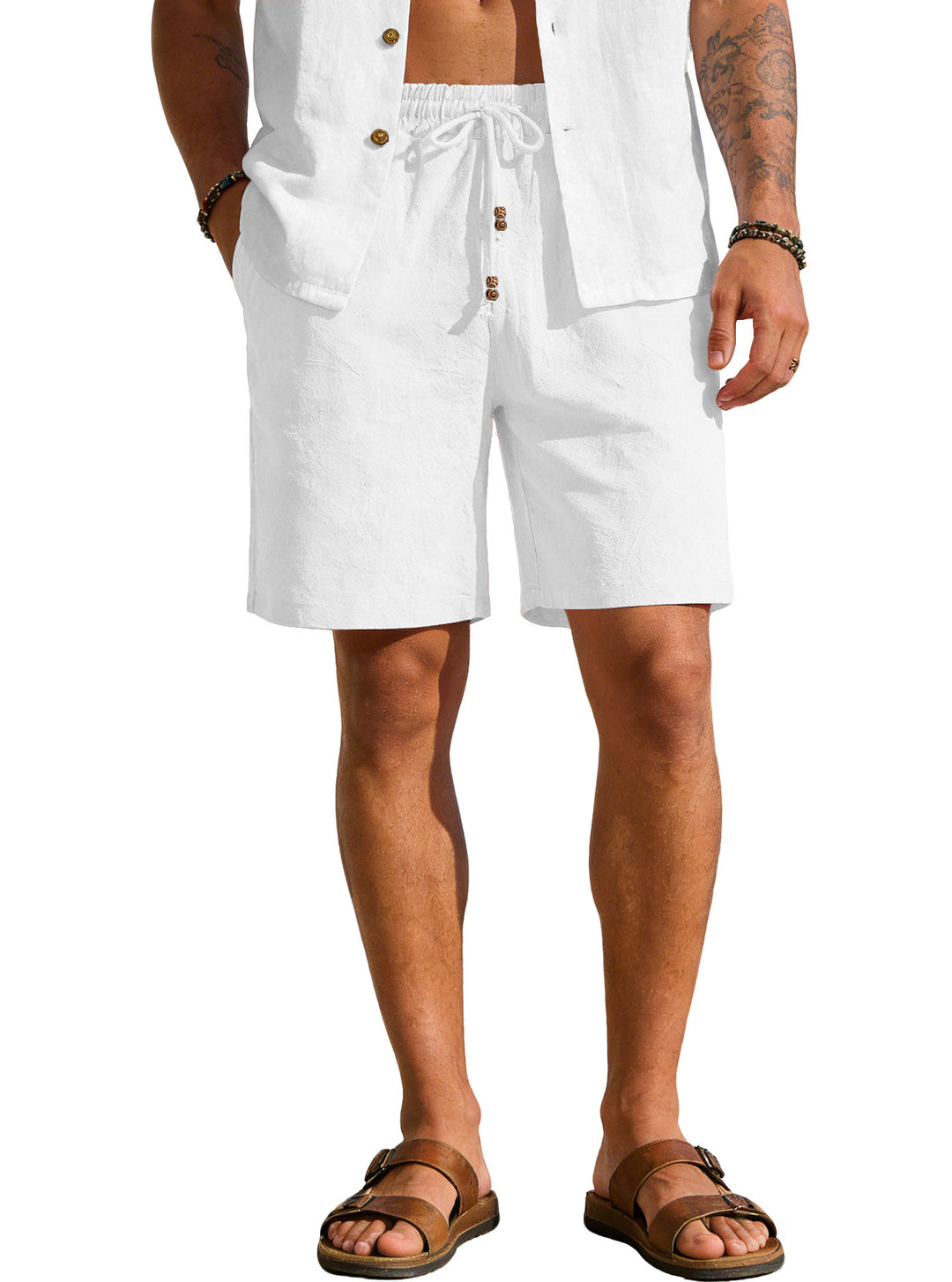 Men's lightweight beach Bermuda shorts made of linen blend with elastic waistband, drawstring and decorative button placket Mune Fashion