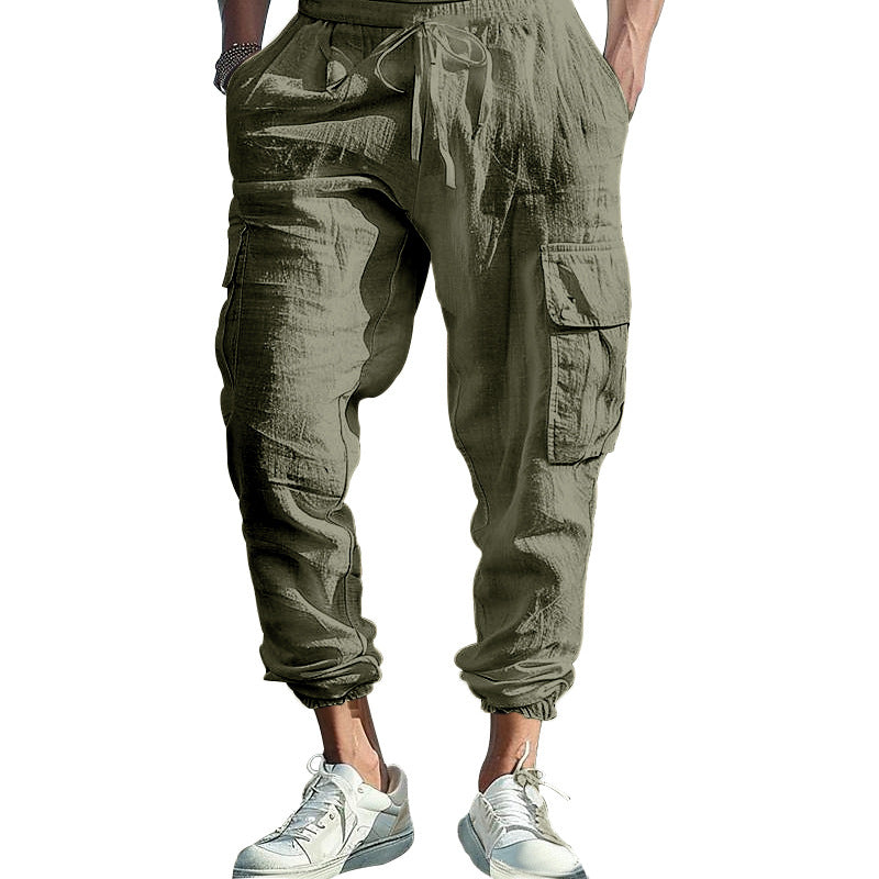Men's Casual Linen Cargo Joggers with Drawstring Waist, Large Flap Pockets and Elastic Ankle Cuffs Mune Fashion